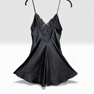 Frederick’s Black Satin Beaded Mesh Slip Dress 90s - XS/S
